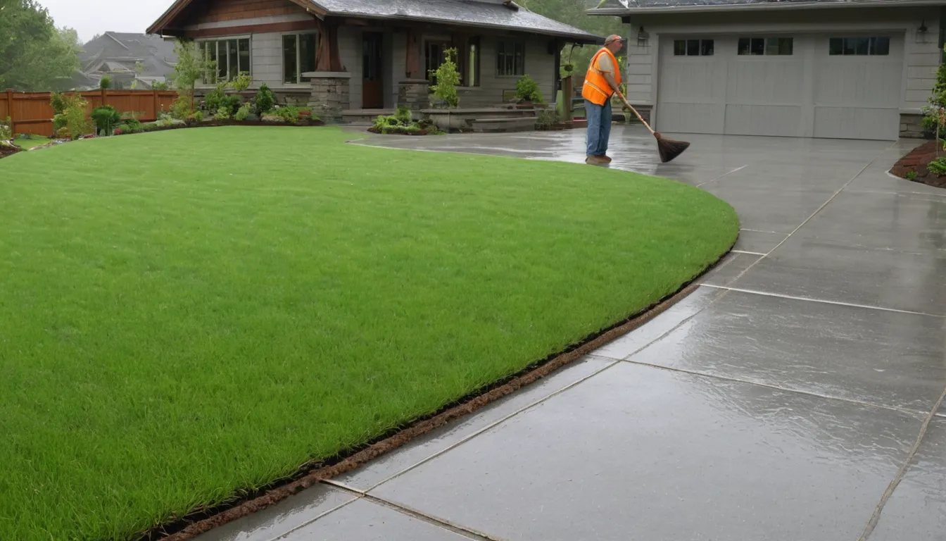 A new gray concrete driveway beside a wood-frame home in Tacoma on a damp, overcast day